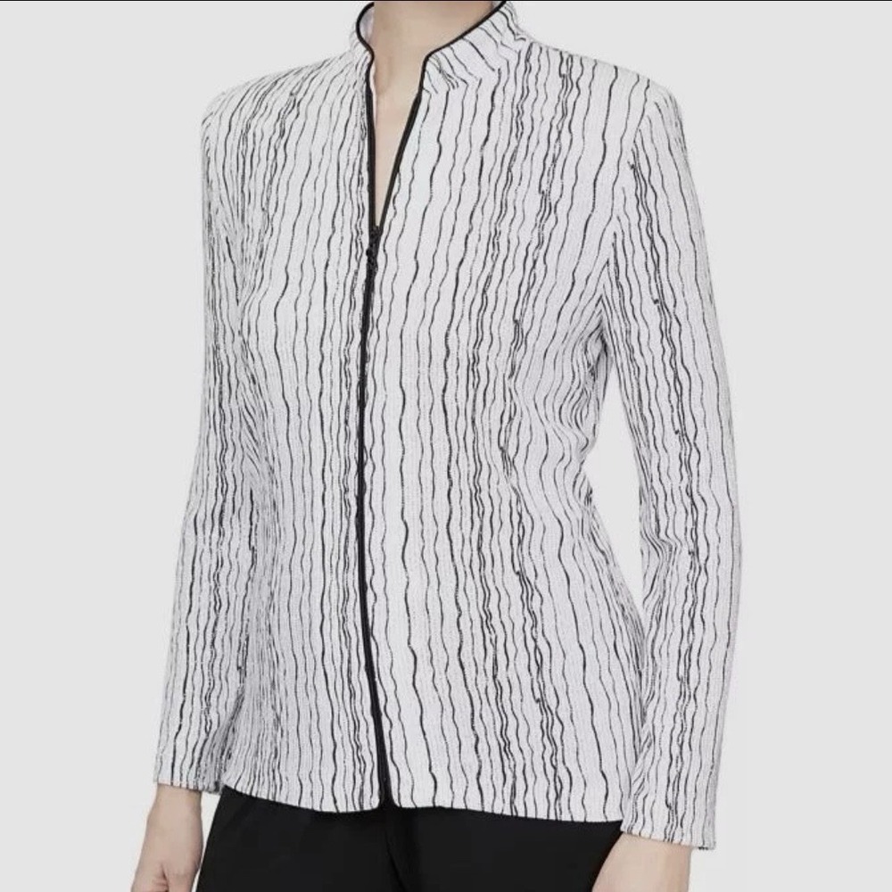 Alex Evenings Drizzle Print‎ Zip Jacket White Black Silver Glam Party Holiday